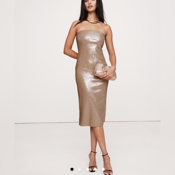 Banana Republic women’s STRETCH-SEQUIN STRAPLESS lined midi DRESS Column fit - Picture 1 of 12